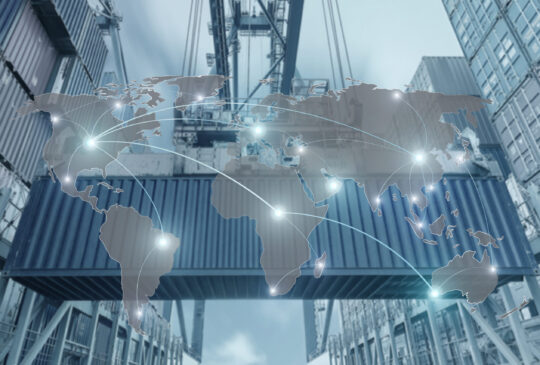 Import, eksport, logistikkonsept - Kart global partnerforbindelse av containerfraktskip for logistikk import eksport bakgrunn (Elementer av dette bildet er levert av NASA)